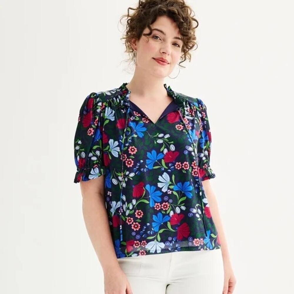 Draper James Floral Elbow Sleeve Tie Front Top